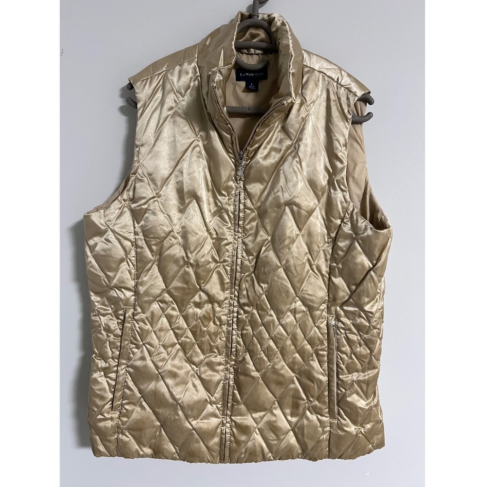Lands End Champagne Gold Metallic Quilted Puffer Vest Womens L Zip Pockets